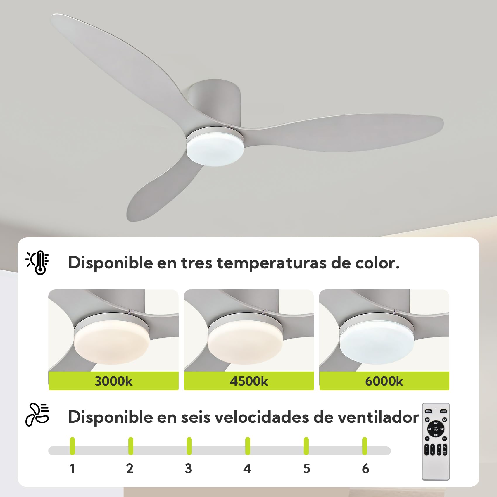 Ventilador de Techo Grande con Luz y Mando 132cm (52"), Motor DC Silencioso, 3 Aspas Plástico, LED Regulable, Ventilador Moderno Bajo Consumo para Salones, Blanco