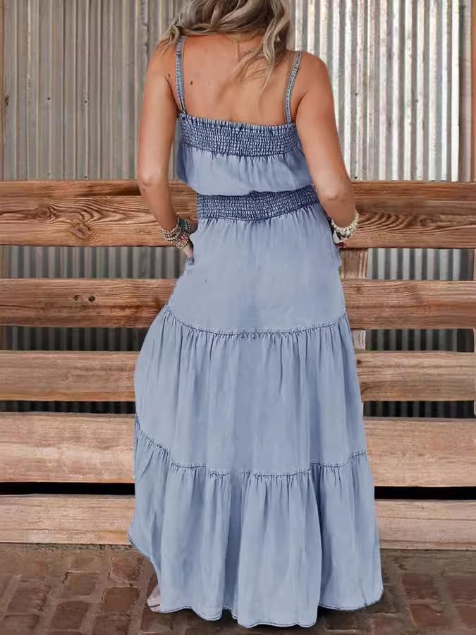 utcoco Women's Summer Beach Boho Smocked Sleeveless Denim Dress Tiered Ruffle A-Line Swing Spaghetti Strap Sundress4