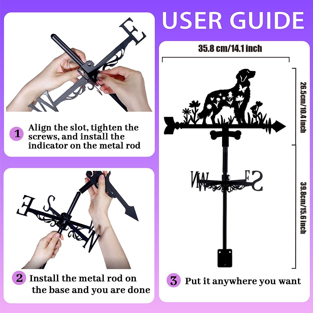 beinkmake Dog Weathervane Metal Wind Vane Animal Flowers Garden Art Decoration Direction Sign Indicator Stake Mount Ornament for Patio Lawn Farmhouse Yard Roof Outdoor - Image 2