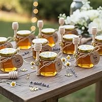 Vista 3 de Adabocute Mini tarros de miel – Tarro hexagonal de miel de vidrio con tapas doradas, cubos de madera, abalorios de abeja y yutes – Pequeños tarros