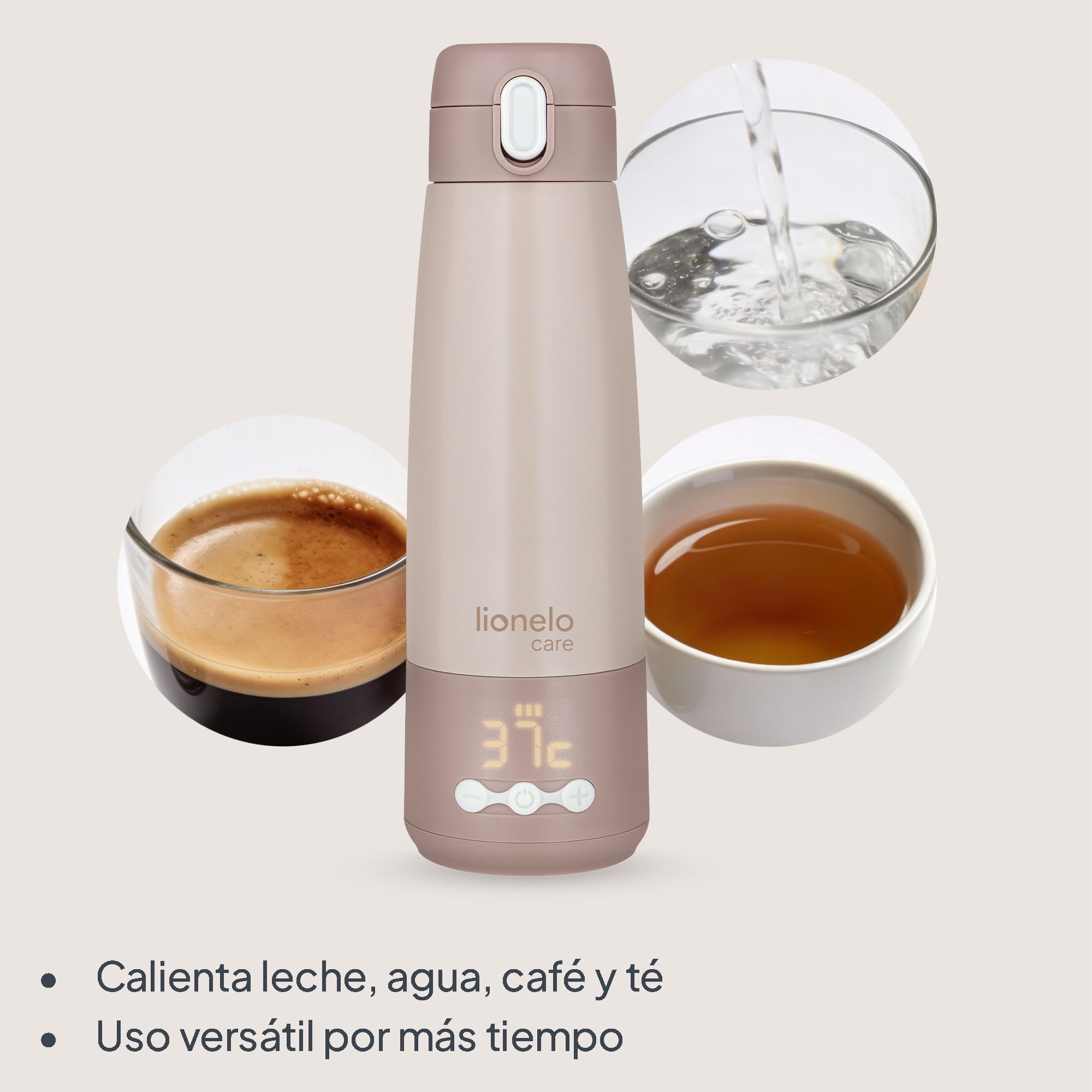 Lionelo Thermup Bottle Calentador de Leche Portátil, Termo Eléctrico sin Cable con Control de Temperatura 37–55 °C, Calienta Leche en 3,5 Min, Mantiene 20 h, Acero SUS316, 350 ml, para Bebés y Viajes