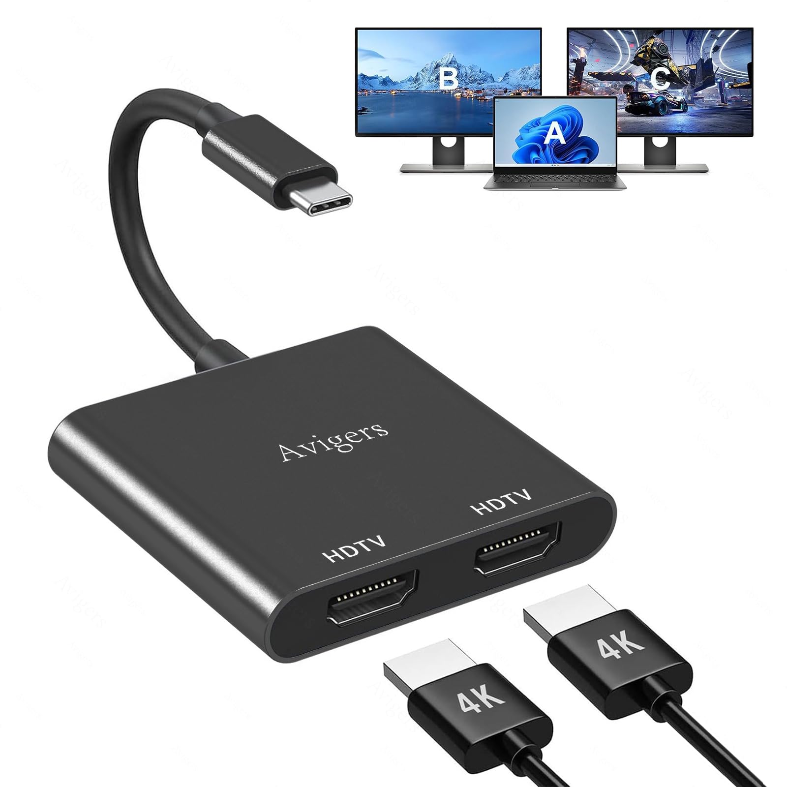 USB C to Dual HDMI Adapter, HDMI Splitter for Dual Monitors, USB C to Dual Monitor Adapter Multiport, Dual HDMI Adapter for 2 Monitors for usb c portlaptop and tablet(Single 4K@60Hz and Dual 4K@30Hz)