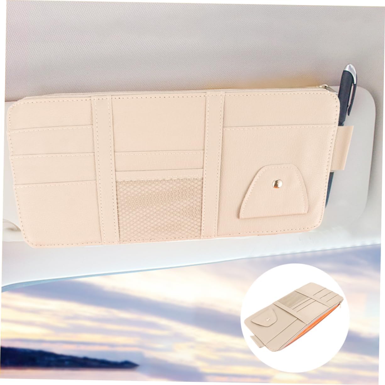 Car Storage Clip PU Sun Visor Organizer for Vehicle Beige image 4