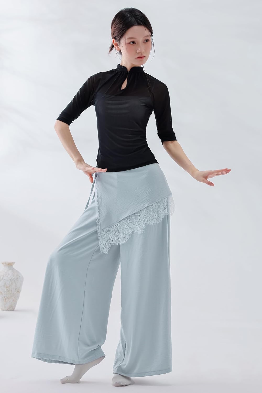 Angcoco Women's 2-in-1 Lace Overlay Wide Leg Pants