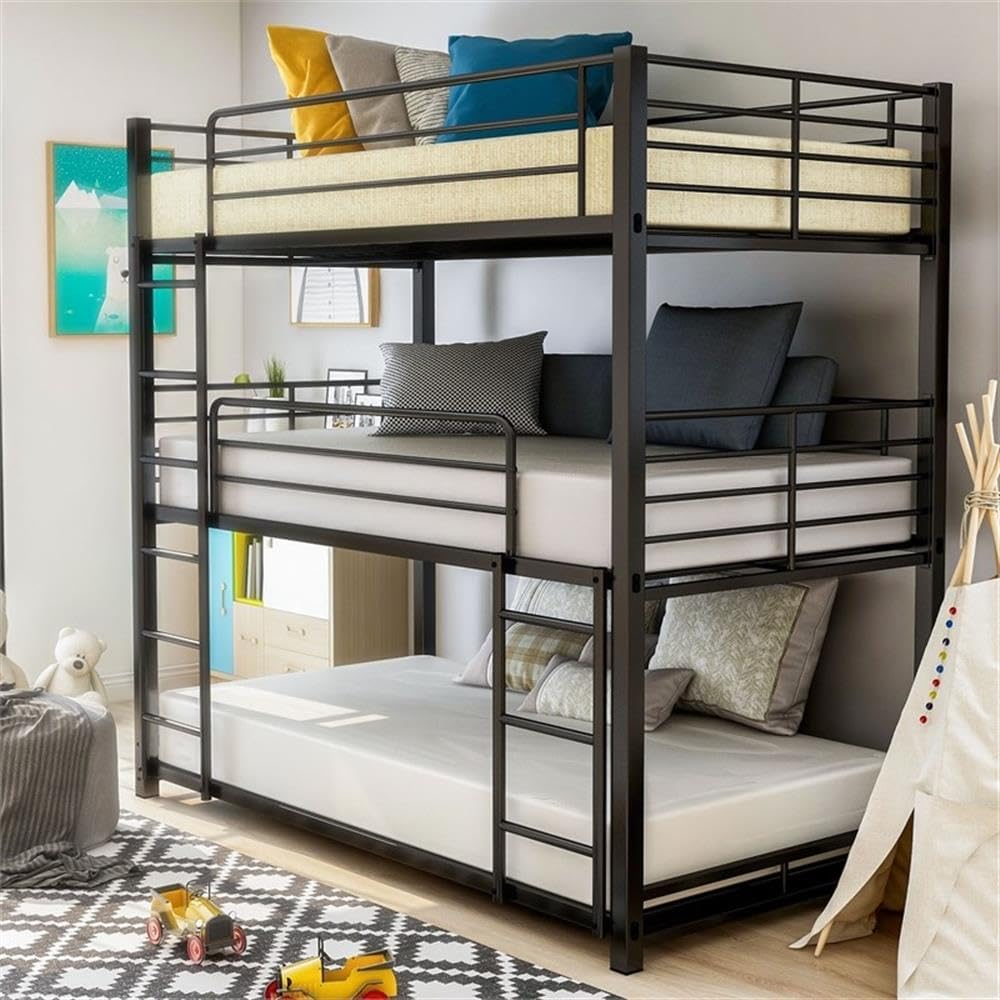BOWERY HILL Modern Metal Full Triple Bunk Bed, Sand Black Finish, Steel Construction, 79"x56.75"x74.38", Space-Saving Design with Slatted Guard Rails, Dual Ladders, Kids Room Indoor Furniture