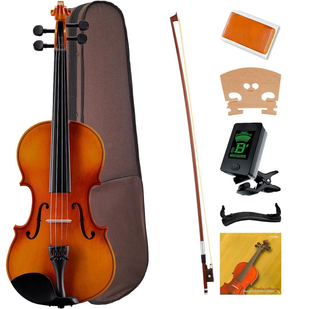 Set Completo Violino 4/4 con Archetto, Custodia, Spalliera, Corde di Ricambio e Accordatore - Ideale per lo Studio e Uso Scolastico
