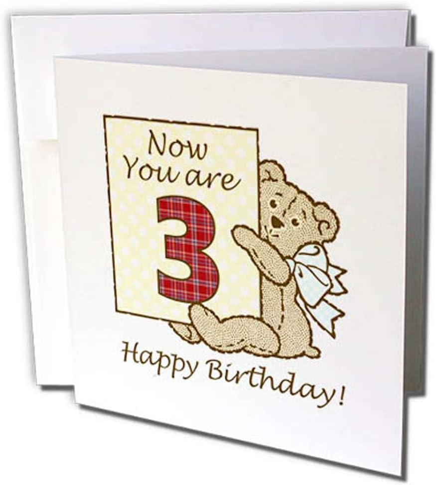 3dRose gc_255164_2 6 x 6-Inch "Happy Third Birthday with Tartan Numeral One Teddy Bear" Greeting Card (Set of 12)