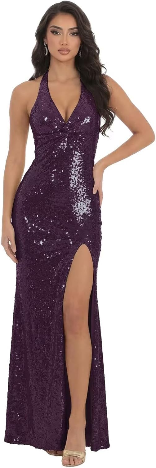 Plum Prom Dresses for Teens Long Sparkly Sequin Plus Size Pleated Evening Gown for Women Halter V Neck Cocktail Gown with Slit US Size 20W