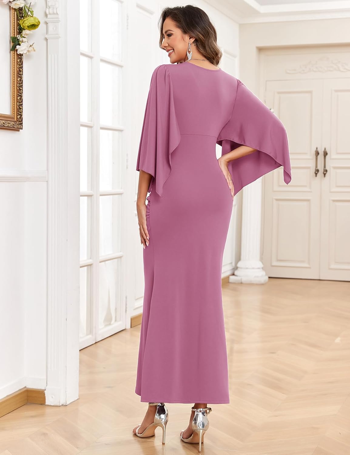 Maxi Maternity Dress Semi Formal Baby Shower Wedding Guest V-Neck Handkerchief Sleeves Elegant - Image 5