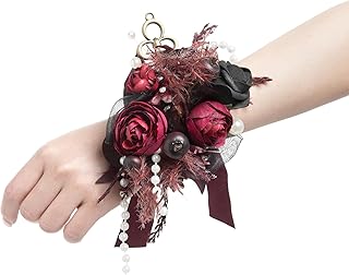 Ling's Moment 2pcs Prom Wrist/Shoulder Corsage Artificial Flower, Girl/Mother Homecoming/Wedding Corsage Wristlet Décor, etc. Black Gothic Burgundy