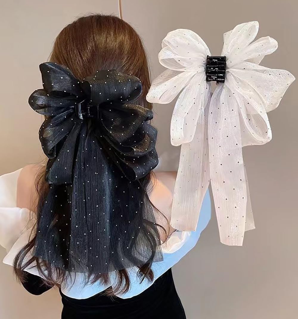 2 PCS Chiffon Silk Hair Clip with Rhinestone, Large Hair Jaw Clips, Fabric Floral Bows Hair Accessories for Women Girls - Image 7