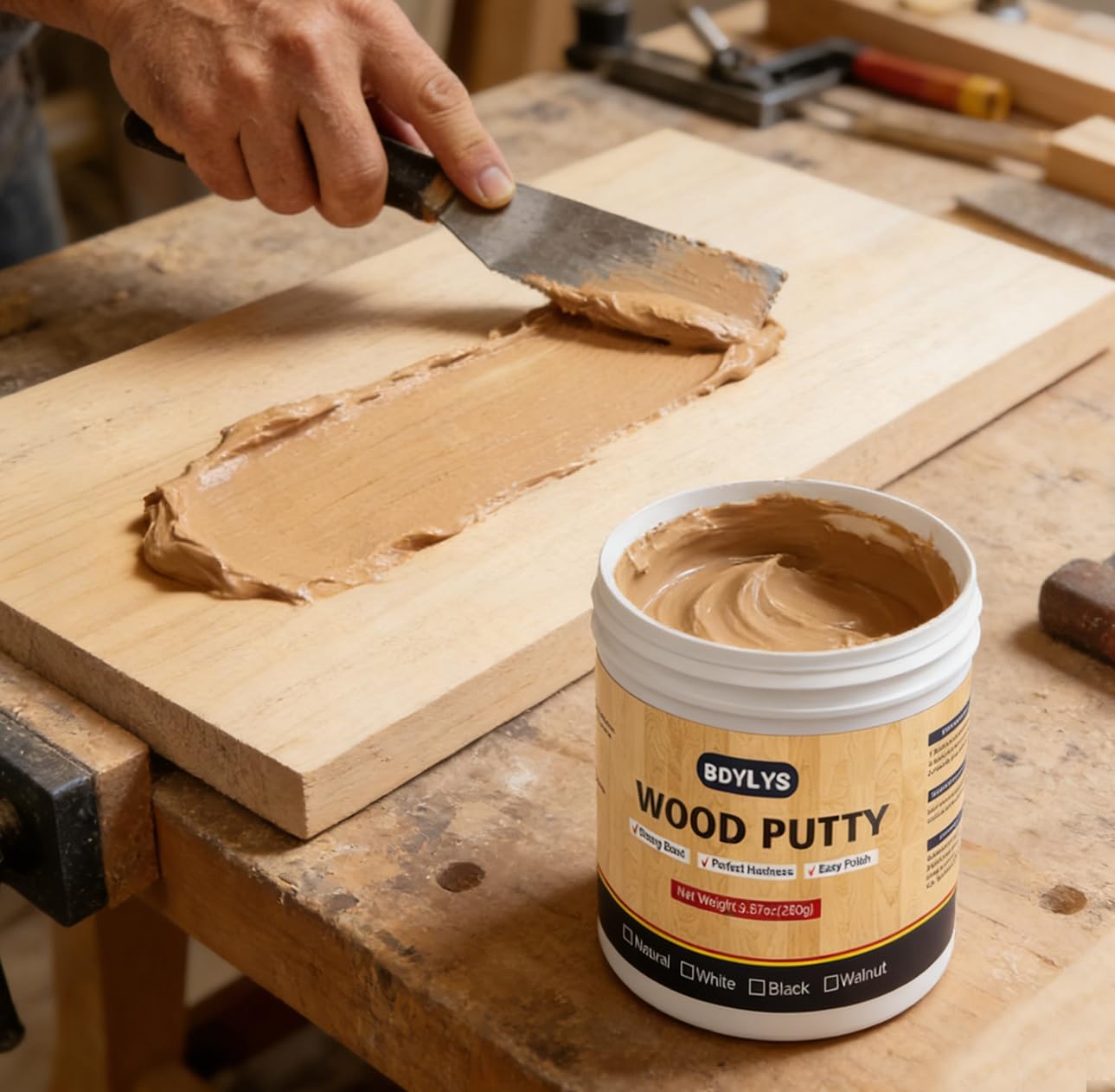 Natural Wood Filler & Wood Putty - 9.87oz (280g) Professional Furniture Repair Kit - Quick Drying, Sandable & Stainable - Perfect for Pine, Oak, Maple & Light Wood Surfaces