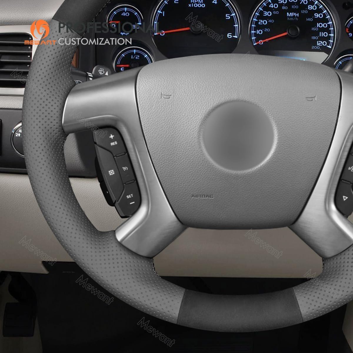 MEWANT Hand Sew Dark Gray Real Leather&Suede Car Steering Wheel Wrap Cover for Chevrolet Captiva 2007-2014 / Daewoo Winstorm/Silverado 2007-2013