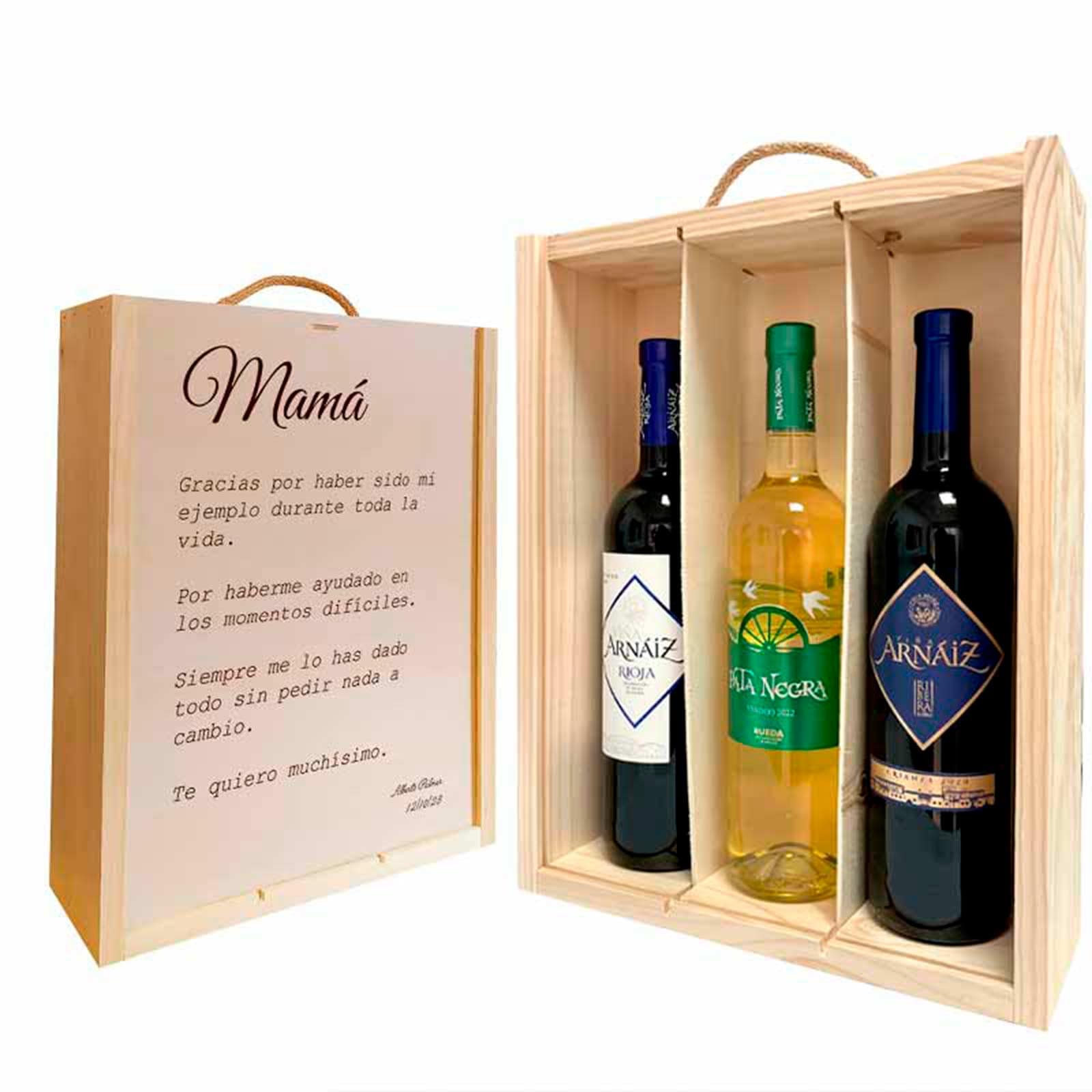 Adri - Caja de madera personalizada con botellas de vinos incluidas - Regalos personalizados originales para padres, madres, hermanos, abuelos (FRASE MAMA)