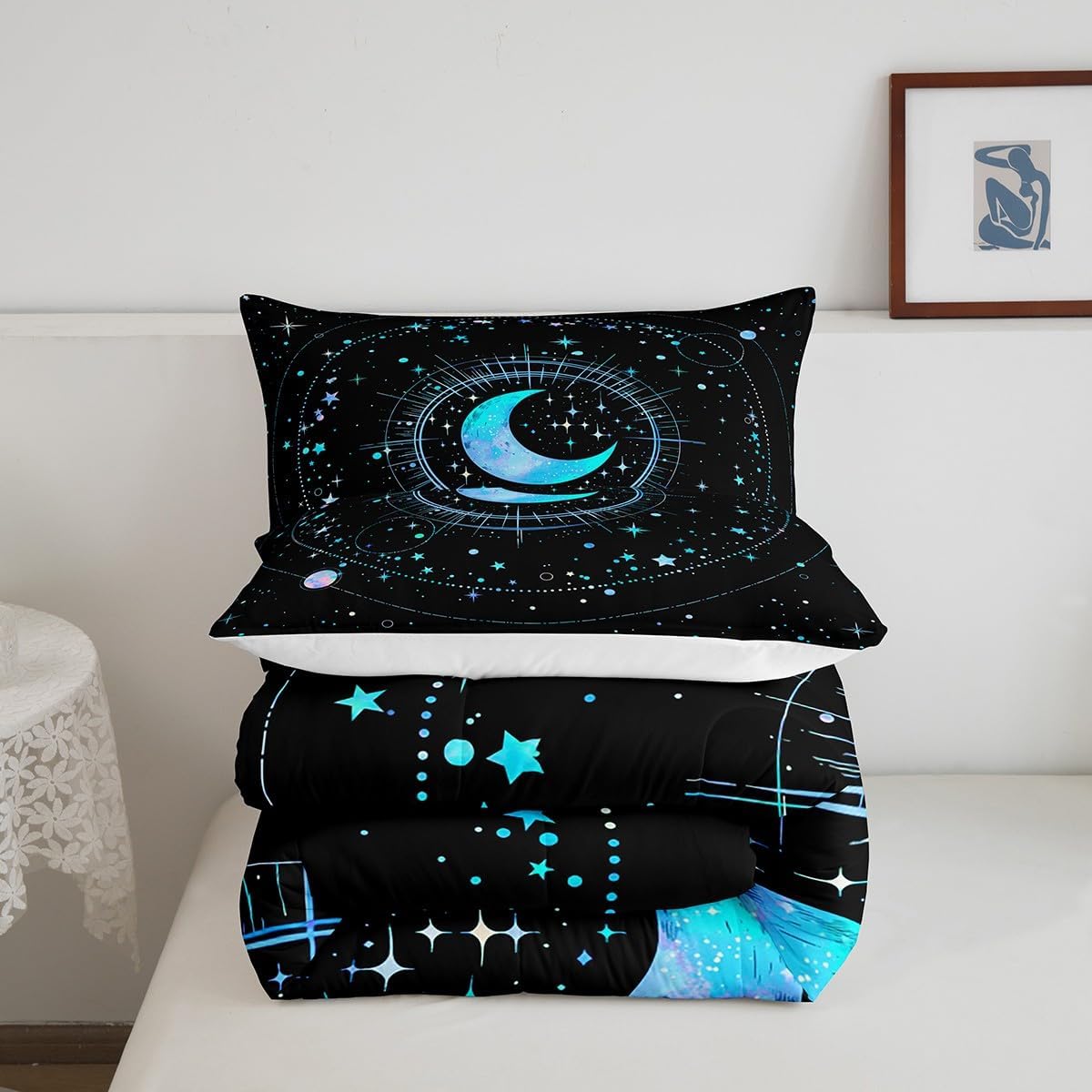 Homewish Stars and Moon Full Size Comforter Set,Blue Galaxy Bedding Set for Adults Teens,Children Space Starry Sky Comforter Luxury Constellation Quilt Set Room Decor 3Pcs