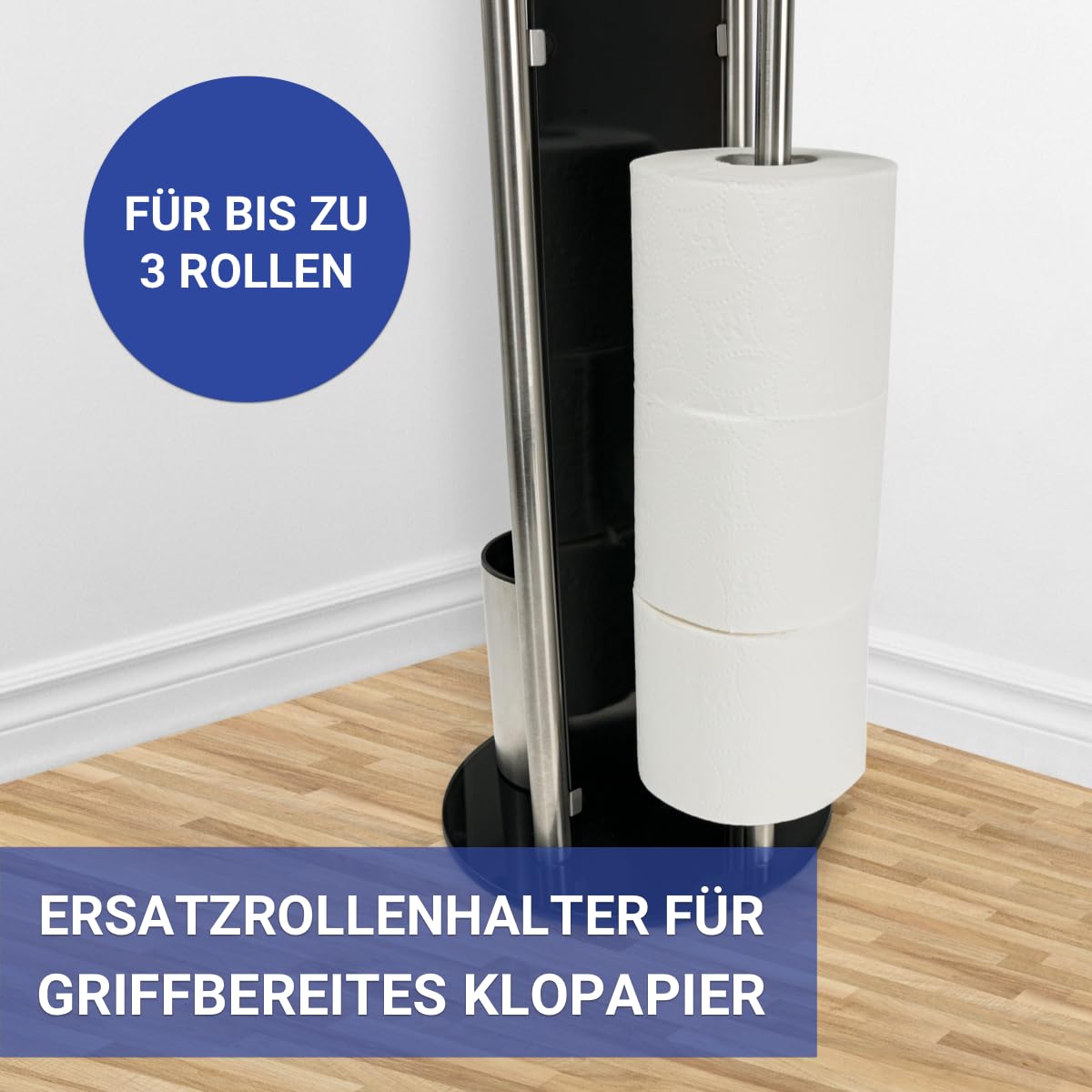 WENKO Stand WC-Garnitur Mod. Ravina 3in1 Edelstahl matt mit Toilettenpapierhalter Ersatzrollenhalter und Bürstenhalter Ø 20 x 70 cm Silber matt