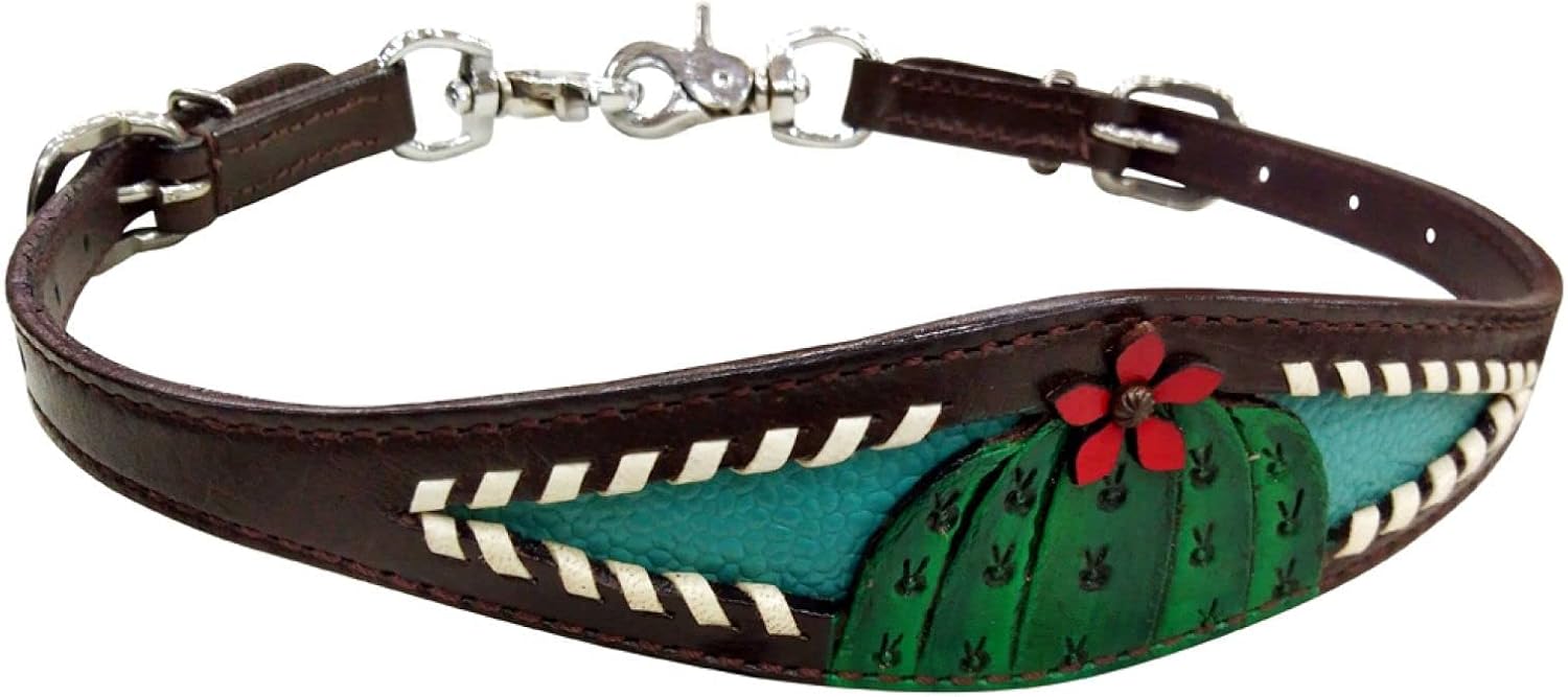 Showman Cactus/3D Flower w/Teal Inlay Leather Wither Strap