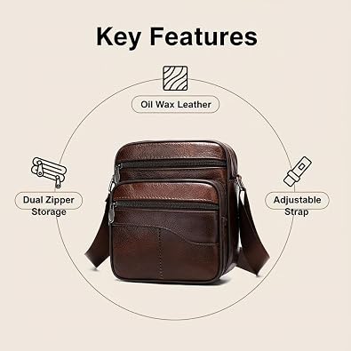 Men's Genuine Leather Crossbody Sling Bag, Small Chest Shoulder Messenger Bag with Adjustable Strap