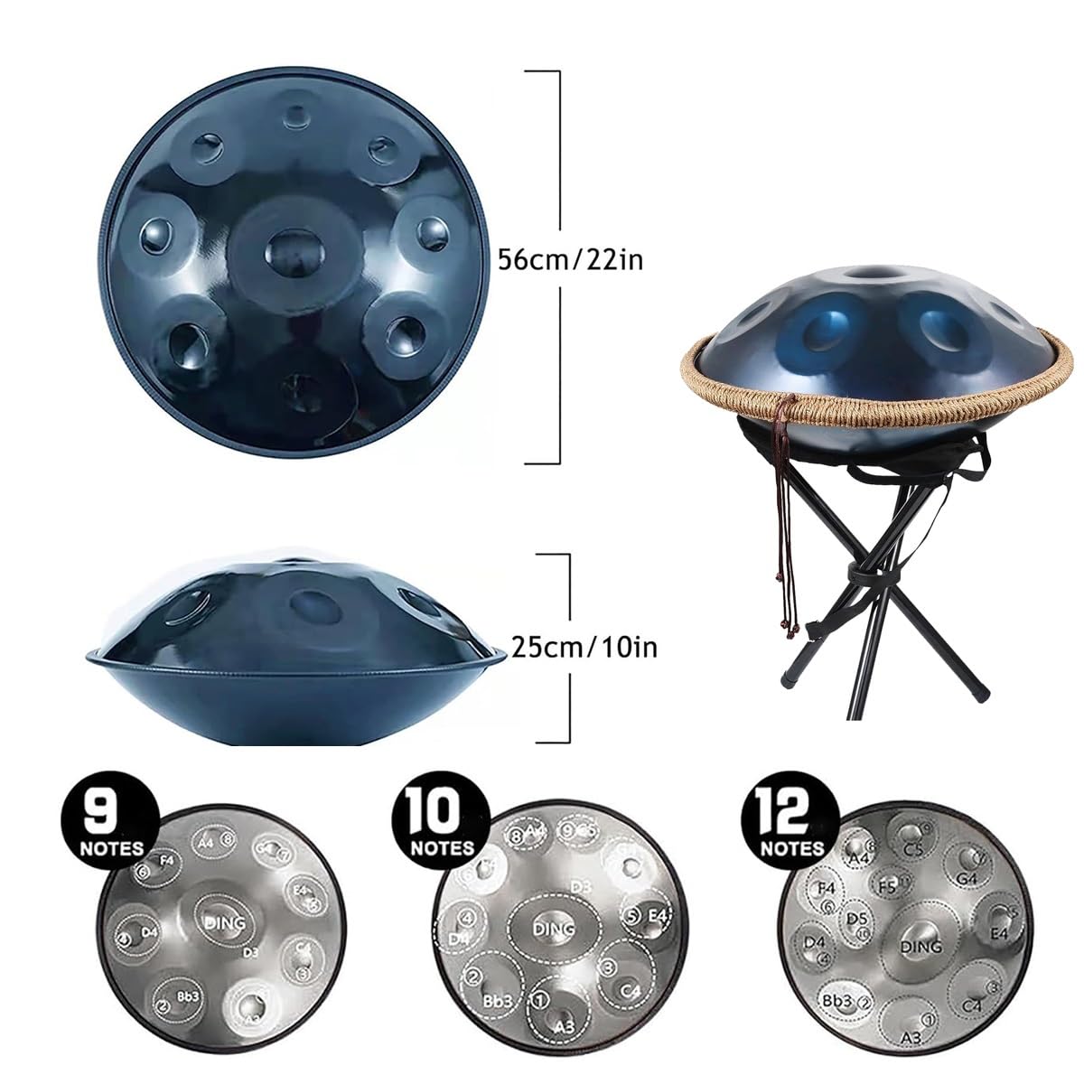 Handpan Drum 9/10/12 Note 440Hz Re Minore Handpan Instrument Re Minore Handpan Music Percussione per Principianti Sound Healing Meditazione 56cm(Oro,9 note)
