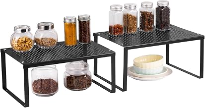 Cabinet Shelf Organizers, Set of 2 Counter Shelves Kitchen Stackable Cabinet Shelf Wood Organizer Expandable Counter Top Racks Brown Bathroom Counter Organizer, Black
