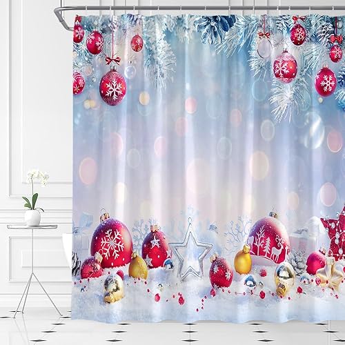 Miniatura 2 de Cortina de ducha de bolas de Navidad, bola de Navidad roja, copo de nieve, escena de nieve, año nuevo, cortina de baño con ganchos (70 pulgadas de