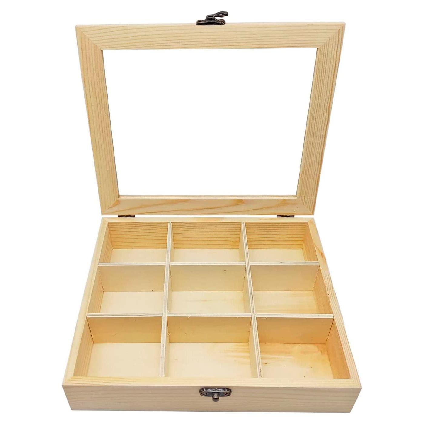 Acan Tradineur Scatola Portagioie In Legno Con Coperchio In Vetro - 9 Scomparti - 4,8x21,2x17,9 Cm - Espositore Per Anelli, Collane E Orologi