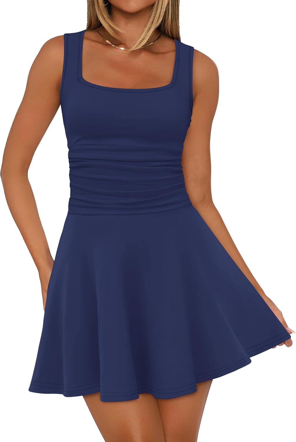 OFEEFAN Dresses for Women Summer Square Neck Sleeveless Mini Dress Ruched Waist Fit and Flare Pleated Dresses - Image 3