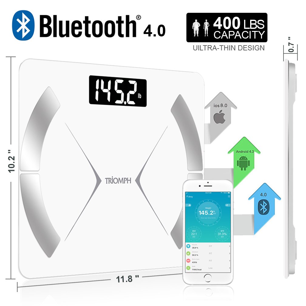 Triomph Bluetooth Smart Body Fat Scale with iOS/Android App - Digital Body Composition Analyzer Measures Body Weight, Body Fat, Water, Muscle Mass, BMR, Bone Mass and Visceral Fat, 400 lbs, White