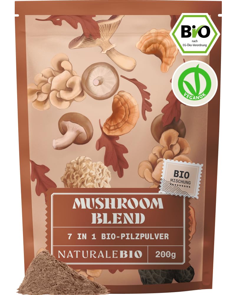 NaturaleBio Mushroom Powder 200g. 7 Vitalpilze Bio. Reishi, Löwenmähne, Chaga, Maitake, Cordyceps, Shiitake, Tremella. Vegan, Glutenfrei und ohne GMO. Verbessert die Energie und kognitive Funktionen