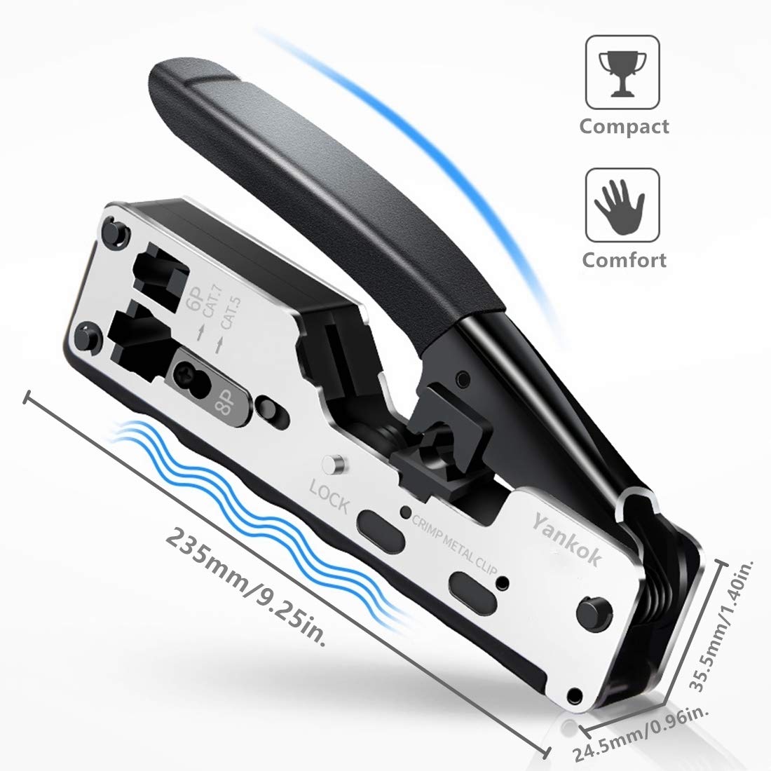 Yankok YKCR007SR [RJ45 RJ12 RJ11 Pince à sertir modulaire pour Cat5 Cat5e Cat6 Cat6a Cat7 Câbles blindés réseau de données vocales Câble Ethernet compact (livré avec mini dénudeur)