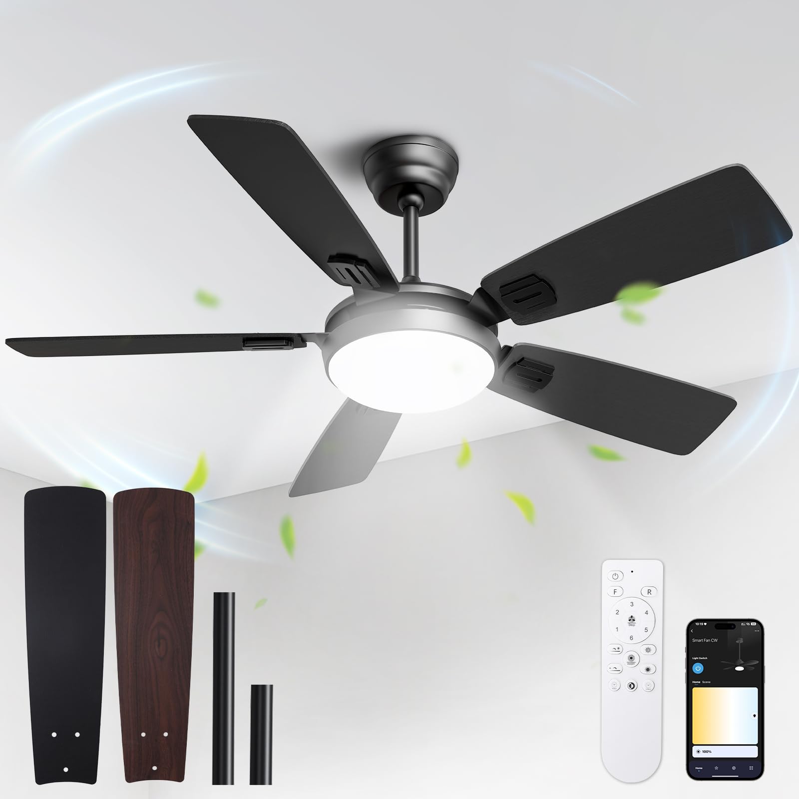 Ventilatore da Soffitto con Luce LED Ø132cm, App e Telecomando | Silenzioso, 5 Pale, Funzione Estate-Inverno, 6 Velocità, 3 Colori Dimmerabili, Timer per Camera da Letto e Soggiorno