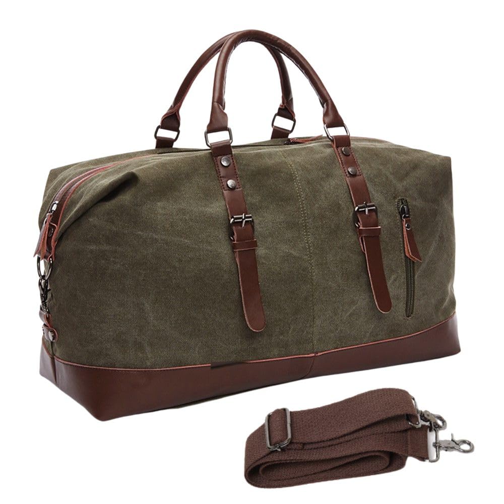 Vintage Canvas Travel Duffel Bag for Men & Women, 40L Large Capacity Weekender Bag with Detachable Shoulder Strap, Leather Handles, for Travel, Gym & Business Trips (Green)-image-47