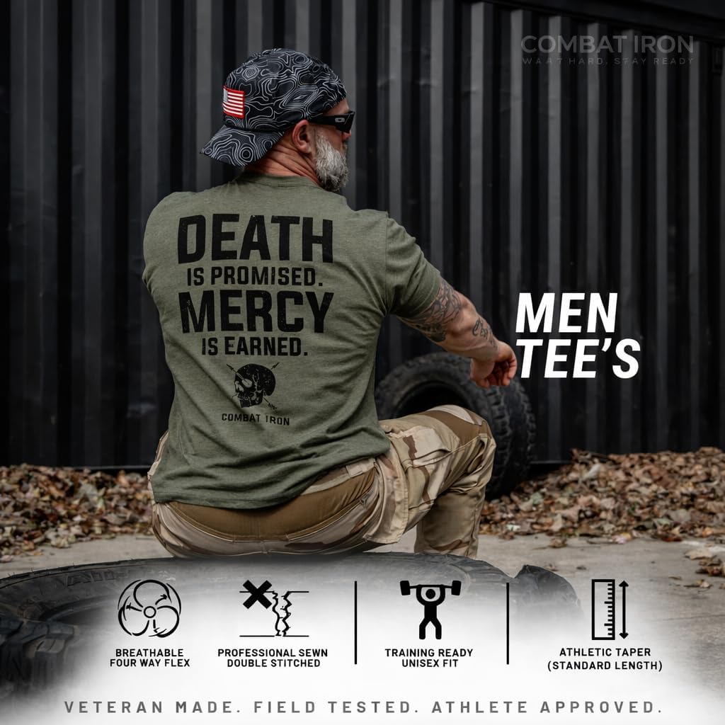 Combat Iron Men’s Graphic Short Sleeve T-Shirt | Death is Promised Graphic Tee | Athletic Fit Shirt