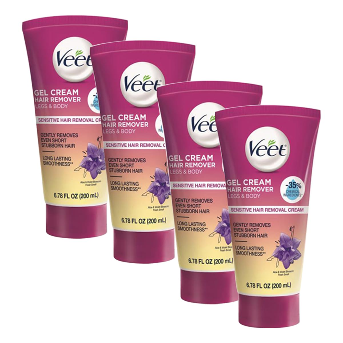 Veet Sensitive Skin Formula with Aloe Vera and Vitamin E, Dermatologically Tested Hair Removal Gel Cream 6.76 Fl Oz. for Legs & Body (4 Pack)