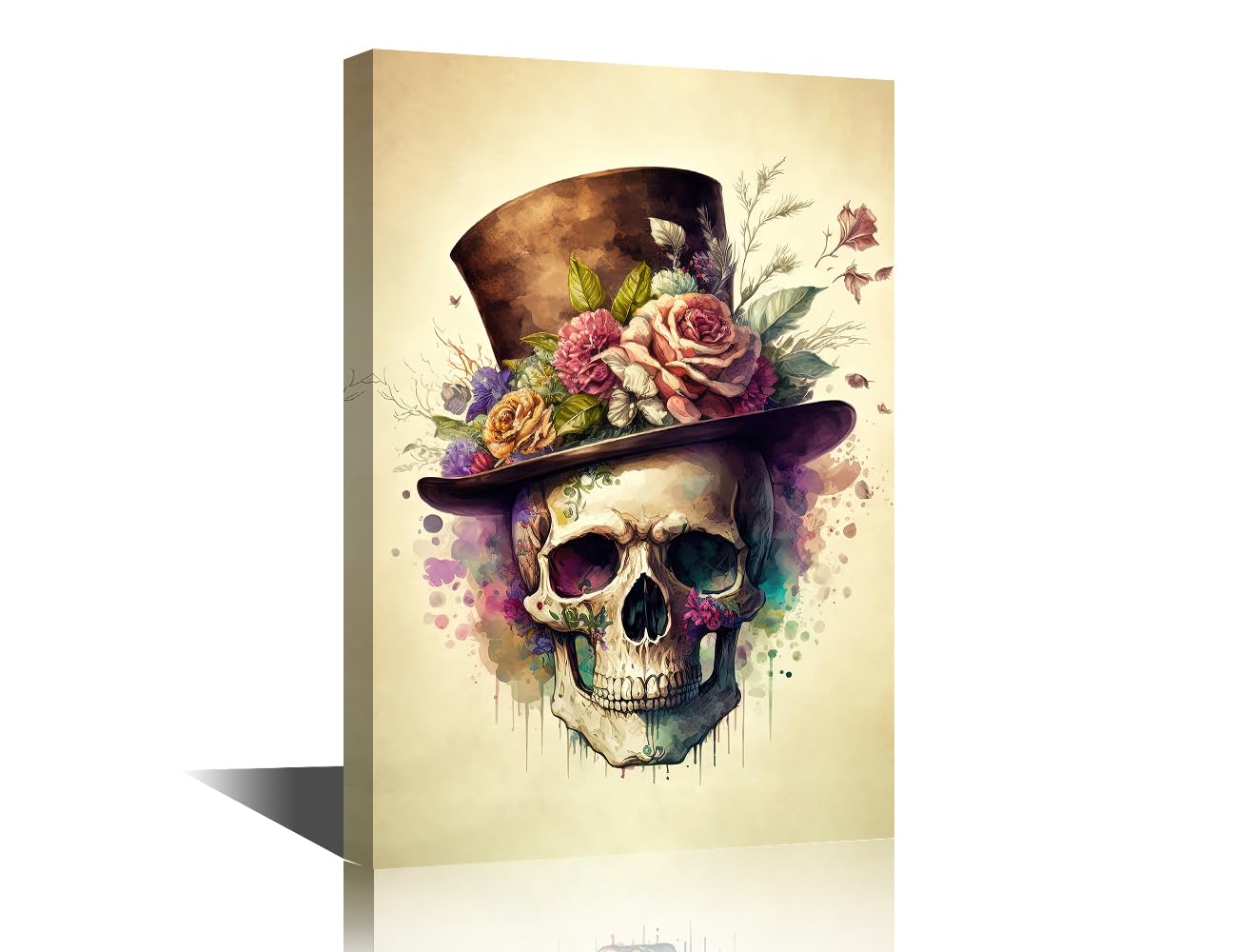Bedroom Wall Decor Skull Wall Art Top Hat and Flowers Home Decor 1 Piece Color Flowers Pictures for Bedroom Living Room Dining Room Framed Ready to Hang (16''Wx 24''H)