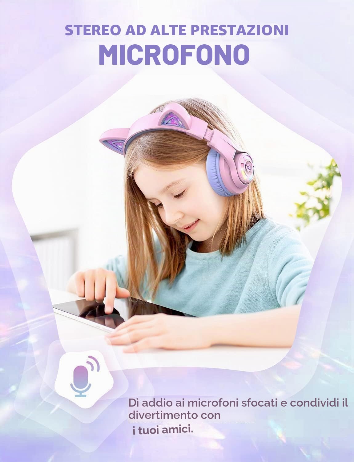 iClever Cuffie Bluetooth per Bambini, BTH13 Cat Ear LED Cuffie Wireless Bambini con Mic, 50 Ore di Riproduzione, 74/85dBA di Limitazione del Volume
