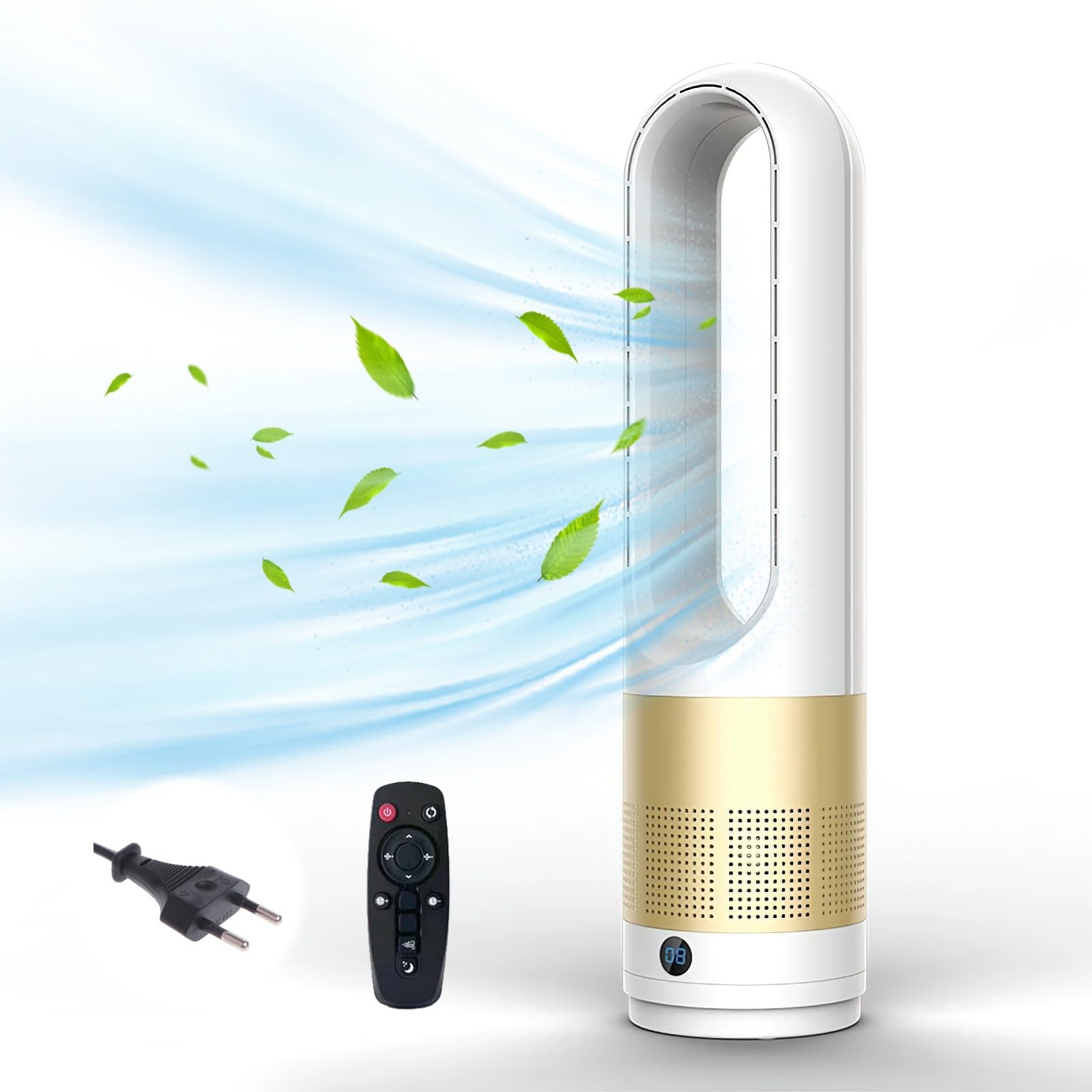 Kouamor Turmventilator sehr Leise18-Zoll, Rotorloser Ventilator, Turmventilator Leise mit Fernbedienung, 8 Geschwindigkeiten, 80° Oszillation, 8H Timer, LED-Anzeige mit für Zuhause (Gold)