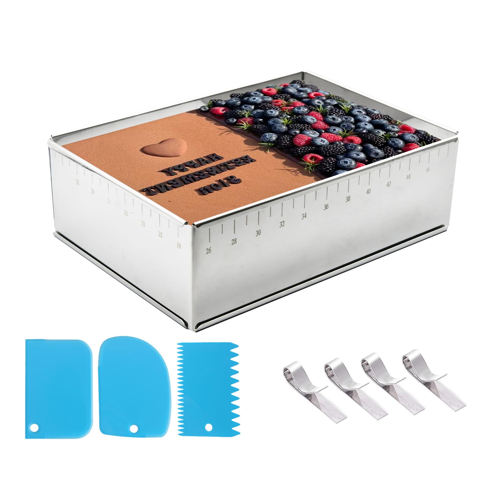 2 stampi per torta con scala, a prova di perdite, in acciaio inox per alimenti, cornice regolabile da 15.2 a 30.5 cm, per cottura a forma di crumpet, dessert, 1 pezzo rettangolare+1