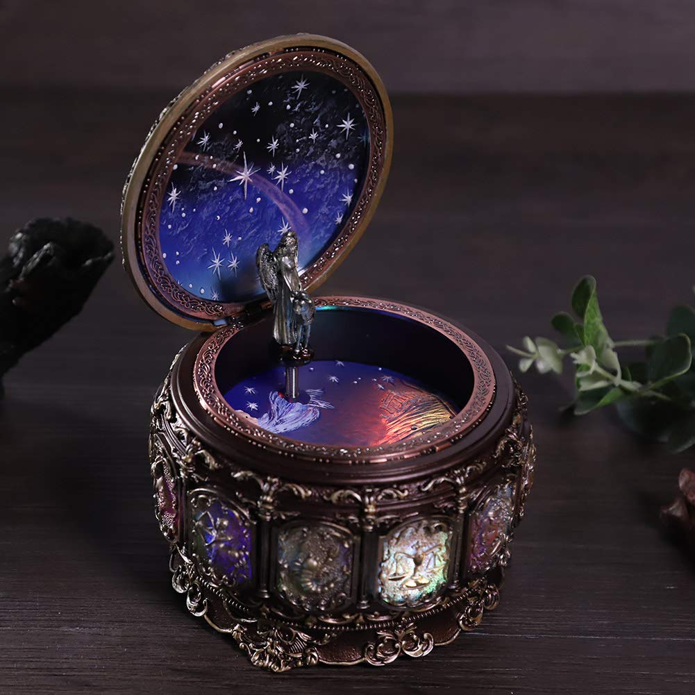 Greensen Scatola Musicale Vintage con Dea Rotante e Luci LED Suona la Melodia de Il Castello nel Cielo per Regali Collezionisti Bambini Adulti (Toro)