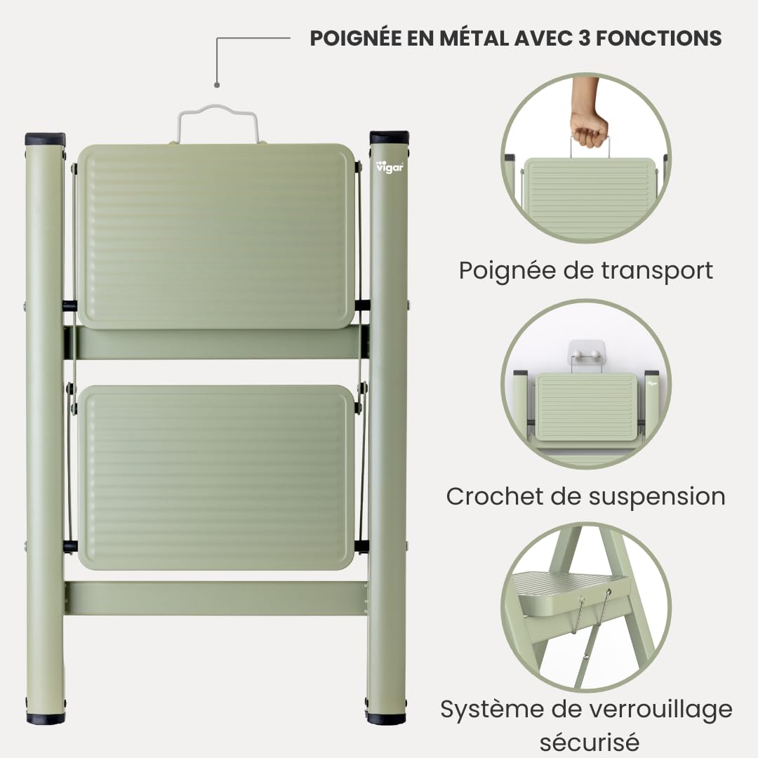 Vigar Escabeau Pliable à 2 marches jusqu'à 150 kg, léger, antidérapant, en Acier, avec poignée en métal, pour la Maison, Vert | Escabeau pliable en acier léger et antidérapant avec poignée en métal pour la maison, tabouret à 2 marches