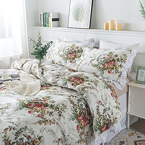 Fadfay Farmhouse Bedding Cotton White Floral Duvet Cover Luxury Shabby Vintage Rose Bed Cover Ruffle Lace Off White Bedding For Girls Bedroom Super Soft Flower Printed Zipper Lace Bedding Full 3 Pcs #TOP4