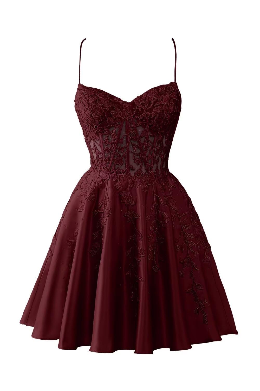AHERKLL Spaghetti Straps Bridesmaid Dresses for Juniors Lace Applique Evening Cocktail Party Maxi Gown Mini Length AH168 Wine Red UK6