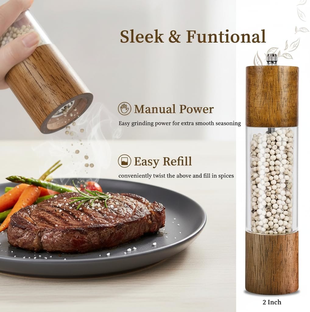 Premium Acrylic Salt and Pepper Grinder Set - Wooden Body with Adjustable Ceramic Wristband - Manual Salt and Pepper Grinder - 8 Inch - 2 Pieces