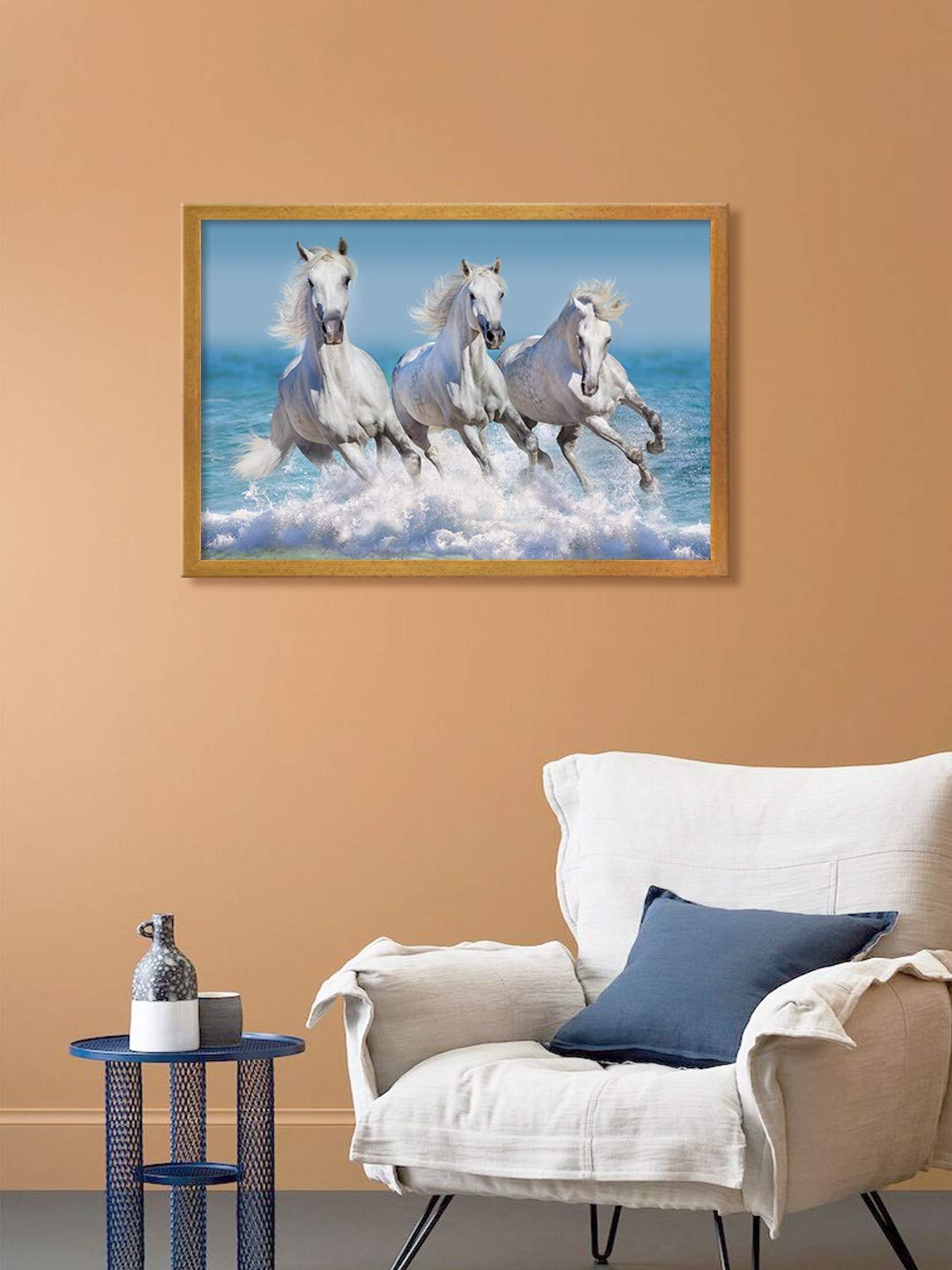999STORE Three White Horse Run Gallop in Waves in The Ocean Canvas Painting (Canvas_18X30_Multi) GOFLPSZ146148