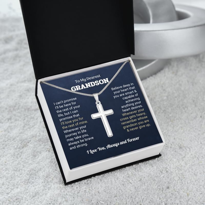 To My Grandson Necklace from Grandma, Cross Chain with Message Card and Gift Box, Meaningful Gift for Grandson on Birthday or Christmas - Image 3
