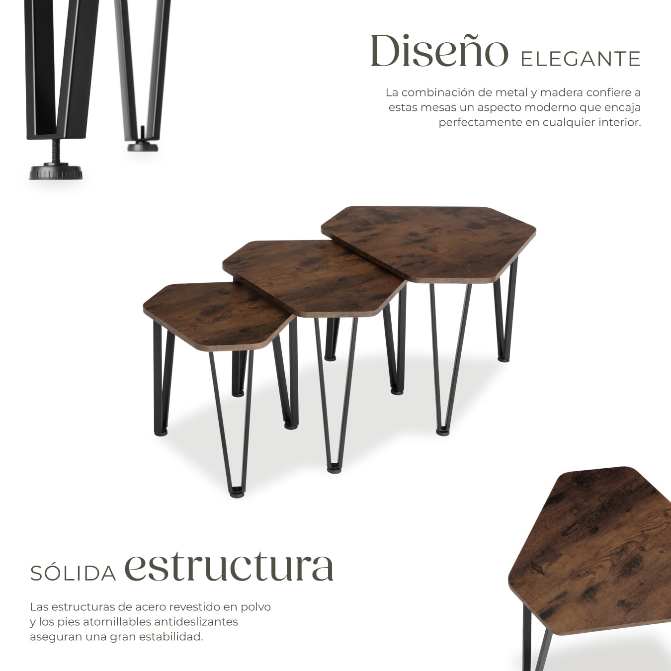 tectake® Juego de 3 Mesas Auxiliares, Ideales como Muebles, Mesa de Centro o Mesa Auxiliar Salon, Mesitas de Noche, Decoracion Hogar - 58,7 x 52 x 45,5 cm Madera Industrial Oscura, Rústica