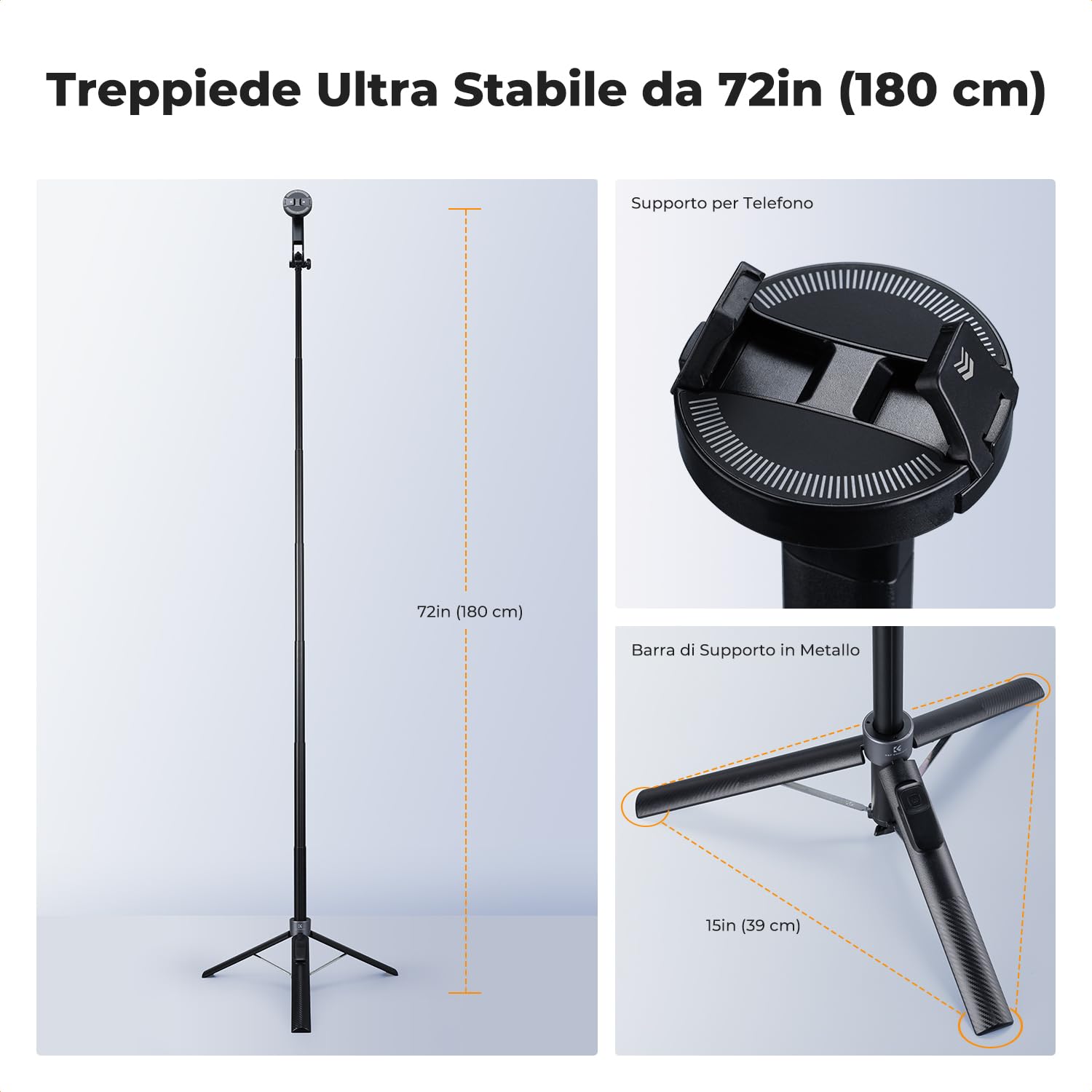 K&F CONCEPT TF08 72" Treppiede iPhone, Adatto per DJI OSMO POCKET 4&3, 3-in-1 Selfie Stick Magnetico+Clip con Telecomando, Rotazione 360°, Compatibile iPhone 17-12/Android, Vite 1/4", Insta360 X5/X4