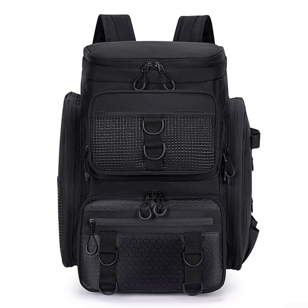 Mochila de pesca impermeable con almacenamiento robusto y soporte de caña para exploración al aire libre (negro)