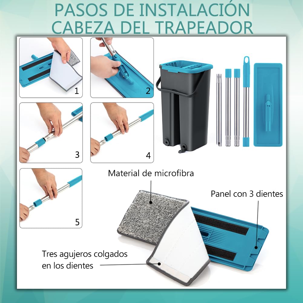 Mopa para Limpiar Azulejos y Paredes Mopa Fregona con Cubo Escurridor Trapeador Fregona Autoescurrible Mopas de Limpieza Suelos Mop Bucket Set 6 Almohadillas Gamuza Microfibra