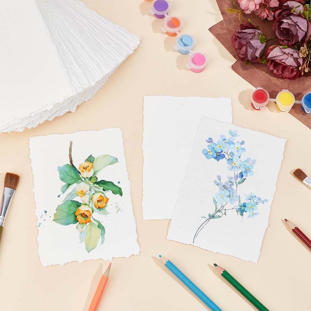 BENECREAT 100 Feuilles Papier Aquarelle Coton Fait Main 140g/m² - Papier Texturé Blanc à Bords Frangés 15,2x10,2cm Pressé à Froid pour Aquarelle Acrylique Esquisse Invitations Mariage Artisanat